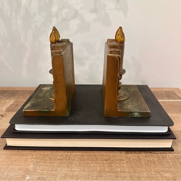 Vintage Bookends Painted Brass Volumes & Candlelight Books Candlesticks Library - Picture 5 of 11